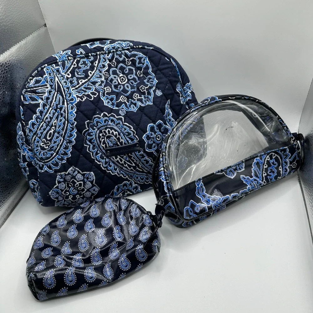 Vera‎ Bradley 3 Piece Cosmetic Bag Set Navy Blue Paisley Quilted Clear Travel